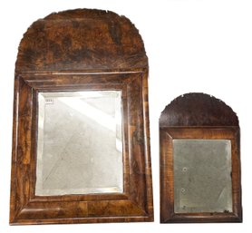 2 Pcs IMPORTANT William & Mary Period Burl Walnut Cushion Frame Mirrors With Figured Crowns