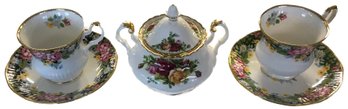 2 Decorative Tea Cups & Saucers And Covered Sugar