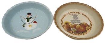 2 Vintage Nantucket Holiday Ceramic Pie Dishes, 10' Diam.