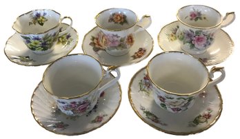 5 Decorative Fine China Tea Cups And Saucers, Royal Heritage And HM