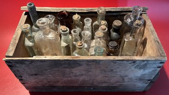 Vintage Wooded Crate With Various Antique And Vintage Glass Bottles Some With Labels & Embossing