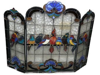 Beautiful Custom Made Artist Leaded Glass Fireplace Screen With Birds - Overall 32'H - 40' Wide