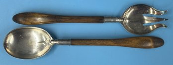 Antique Pair Nickel Silver And Wooden Handled Salad Servers, 12'L