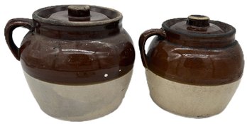 2 Pcs Blue Crown Vintage No. 2 & 3, Brown & Cream Glazed Bean Pots, No. 3, 8' Diam. X 7'H