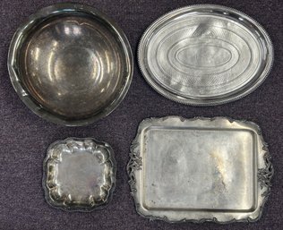 4 Pcs Vintage Silver Plate - 3 Trays & Bowl, Weight 6.5 Lbs