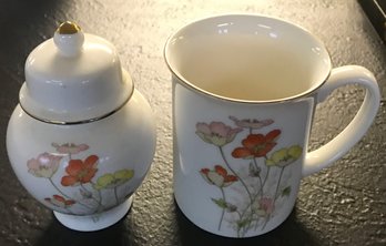 2 Pcs Matching Floral Patterned OTAGIRI Japan Porcelain, Sm Ginger Jar And Cup