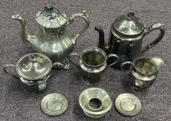 10 Pcs Vintage Lot Of Mixed Silver Plate - Creamer, Sugar, 4 Nut Plates, 2 Tea Pots, Spooner & Spittoon