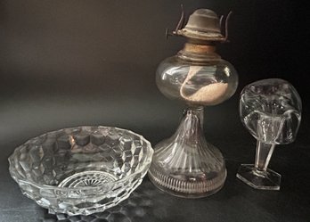 3 Pcs Vintage Clear Glass, Kerosene Lantern, Calla Lilly Vase & Bowl