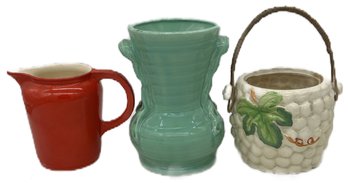 3 Pcs Vintage Ceramics, Red Oven Proof Pitcher, Turquoise Vase 8.75'H & Biscuit Barrel (Lid Not Present)