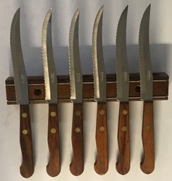 New 6 Pcs Set Of Robinson Serated, Wood Handled Steak Knives With Wallmount Magnetic Knife Holder