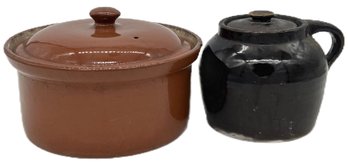 2 Pcs Vintage Redware Baking Bowl, 8' X 4.5'H & Small Bean Pot