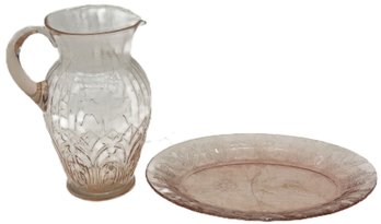 2 Pcs Pink Depression Glass, Pitcher With Applied Handle, 8.5'H & Oval Plate, 10.75' X 8'