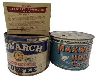 3 Pcs Vintage Kitchen Tins, Maxwell House Coffee, Monarch Coffee & Seidlitz Powders