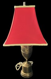 Nice 20thC Brass Trophy Shaped Desk Lamp With 11' Sq Red Satin Shade With Taupe Trim, 23.5'H