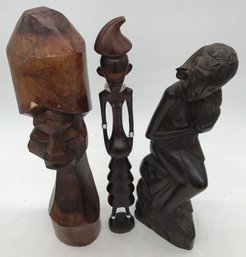 3 Pcs Vintage African Carved Wooden Tribal Statues Of Females, Tallest 18.5'