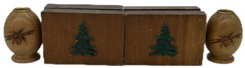 6 Pcs - Pair Wooden Pinecone Pyrography Candle Holders & 3 Pair Of Bookends With Trees