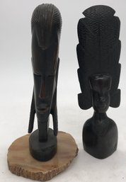 2 Pcs Vintage African Carved Wooden Busts Of Females One On Stone Plinth, Tallest 12'HShipping Available.
