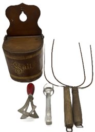 5 Pcs Vintage Kitchenwares - Bent Wood Wall Salt Box, Chopper, Egg Tongs & Pair Roast Forks