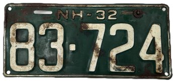Vintage 1932 New Hampshire Car License Plate