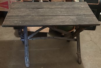 Vintage Adirondack Camp Style Side Table, 3 Board Top With 'X' Branch Legs, 36' X 19.5' X 24.5'H