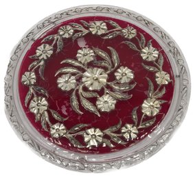Antique Victorian Cake Plate With Silver Leaf With Cranberry Glaze    , 12' Diam.