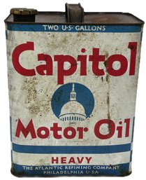 Vintage Two US Gallon Capitol Motor Oil Can, The Atlantic Refining Company 8.5' X 5.5' X 11.25'H