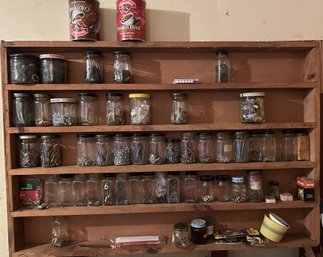 Vintage Wall Mounted Garage Storage Filled With Glass Jars Full Of Screws & More, 41.75' X 3' X 28.5'h
