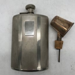 2 Pcs Vintage Silver Plate Bar Related Items, German Flask 4' X 6.5'H And Measured Pourer