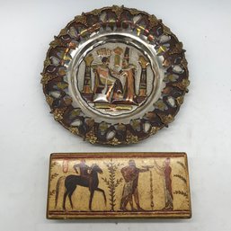 2 Pcs Vintage Tourist Antiquities, Round Egyptian Metal Plate 11.5' Diam. & Italian Glove Box