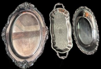 3 Pcs Vintage Silver Plate Serving Dishes, 2 Oval And Footed Bread, Largest 17.5' X 12.25'