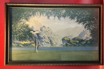 Vintage 1930s Large Maxfield Parrish Style Lithograph In FABULOUS Original Frame, 32.5' X 20.5'