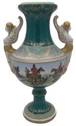 AWonderful Antique Victorian 14.5'H English Hunt Scene Vase With Gold Gilt Angel Handles