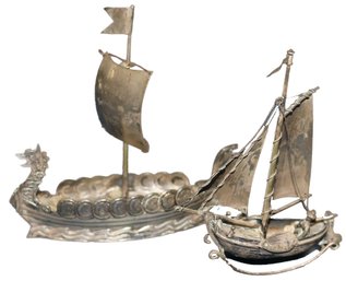Silver Viking Ship Made By Silversmith A. Dragsted Of Copenhagen -plus A Smaller Unsigned Silver Boat
