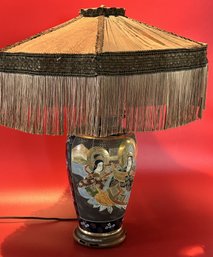 Fabulous Antique Japanese  Moriage Vase Made Into Lamp With Deco Fringe Shade