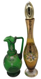 2 Pcs Antique Bohemian Enameled Glassware, 1-Ewer Pitchers & 1-Decanter, Tallest 15.5'H
