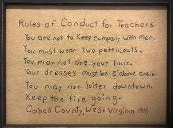 Antique Framed Needlepoint Of Teachers Conduct, Cobell County, West Veriginia 1915