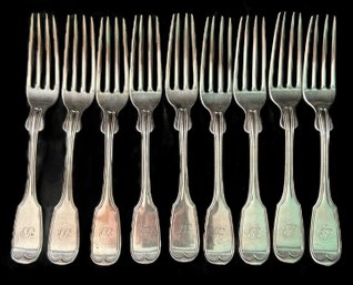9 Pcs Antique Early 1800s 8 R&W Wilson Coin Silver Dinner Forks,  Weight 244.26 Dwt