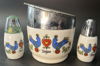 3 Pcs Vintage GEMCO Pennsylvania Dutch Themed Salt & Pepper Shakers With Covered Sugar Bowl
