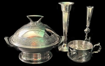 4 Pcs Vintage Silver Plate And Weighted Sterling, 2 Vases, Cup & Covered Dish With Applied Handles