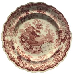 Antique 1810 Tranferware Scalloped Edge Round Swiss Scenery (Staffordshire Eng) Red & White Plate 10.5' Diam.