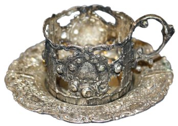 .800 Silver Demitasse Cup Hollder And Saucer - 2.94 Ozt - Saucer Is 3.5' Diameter, Cup Is 1.5' High