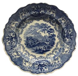 Antique 1810 Tranferware Scalloped Edge Round Swiss Scenery (Staffordshire Eng) Blue & White Plate10.5' Diam.