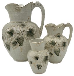 3 Pcs Antique 2-Pitchers & Vase, Matching Pattern, Tallest 12'H