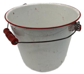 Vintage White & Red Trim Porcelain Bucket, 11.25' Diam. X 9'H To Rim