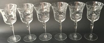 6 Pcs Vintage Etched Lead Crystal Stemmed Red Wine Glasses, Ribbed Sides,  Floral Design, 3-3/8' Diam. X 7-3/4