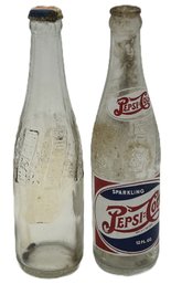 RARE 2 Pcs Vintage 1940 Pepsi Cola Bottle, EMBOSSED Swirl Weave And Textured Top, Patent #120,277