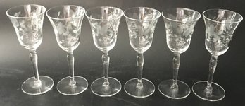 6 Pcs Vintage Etched Lead Crystal Stemmed Apertif Glasses, Ribbed Sides, Floral Design, 2-1/4' Diam. X 5-5/8'H
