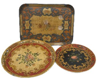 3 Pcs Vintage Painted Pressed Board Serving Trays, Largest Round 14.5' Diam.
