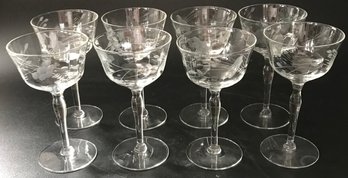 8 Pcs Vintage Etched Lead Glass Stemmed Champagne Glasses, Ribbed Sides, Floral Design,  3' Diam. X 5-1/2'H