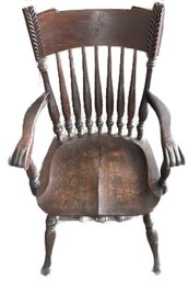 Antique Heavy Sturdy Carved Oak Arm Chair With Carved Seat And Turned Legs & Spindels, 25.5' X 21' X 40'H